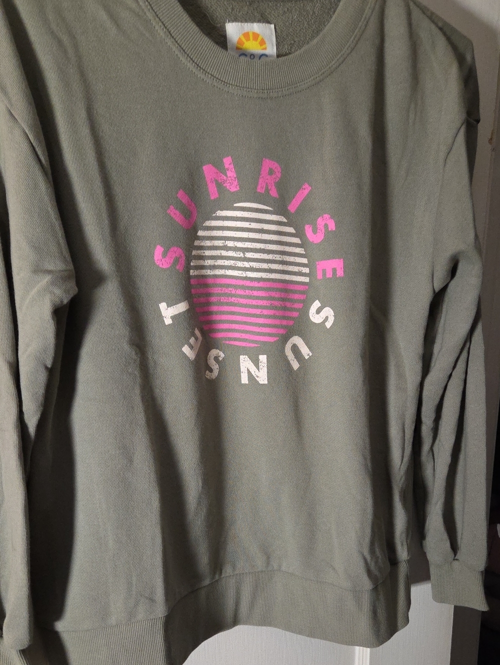 C&C California Olive Green Crewneck with Pink & White Sunrise Graphic